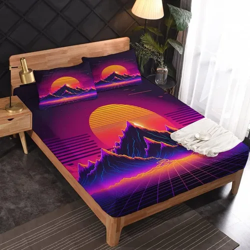 Vista 2 de Vaporwave Sheets - Juego de sábanas de tamaño individual, sábanas de cama de montaña neón y puesta de sol, microfibra suave con bolsillo profundo