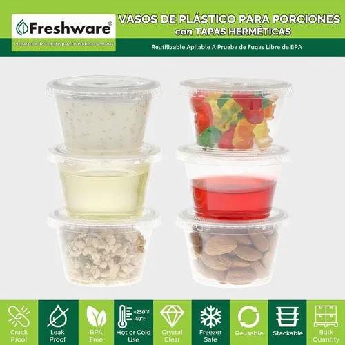 Vista 2 de Freshware Vasos de plástico para porciones con tapas [4 onzas, 200 juegos] vasos de plástico desechables para preparación de comidas, aderezos