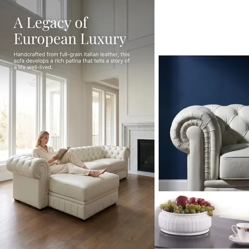 Vista 3 de FUOROLA Sofá modular de cuero genuino, juego de sofá en forma de L de lujo, muebles de sala de estar, sofá Chesterfield con diseño capitonado