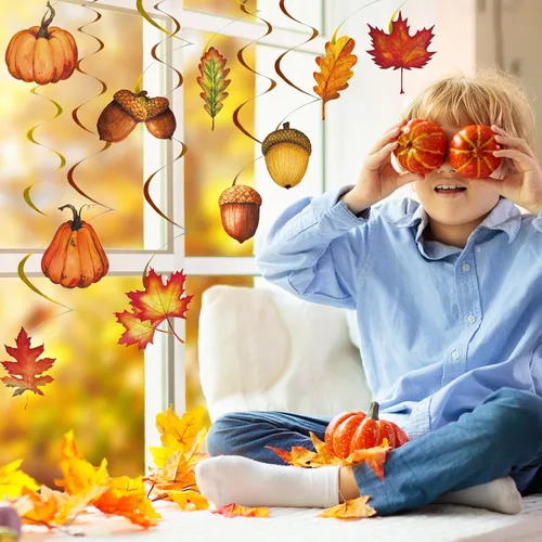 Vista 6 de Whaline 32 piezas de remolino colgante de otoño, calabaza, hoja de arce, piña, remolino, decoración para colgar en el techo, remolinos de fiesta