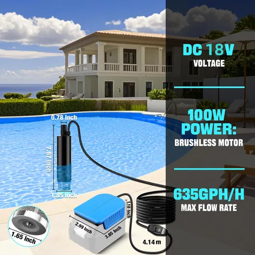 Vista 2 de Bomba de agua sumergible para batería Makita de 18 V, 635 GPH 100 W, bomba de transferencia de agua inalámbrica para tina, estanque, jardín