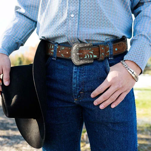 Vista 3 de Western-Cowgirl-Cinturones para Mujer y Hombre Turquesa-Decorado-Hebillas Plateadas-Cinturones de Cuero de Vaquero Occidental para Pantalones