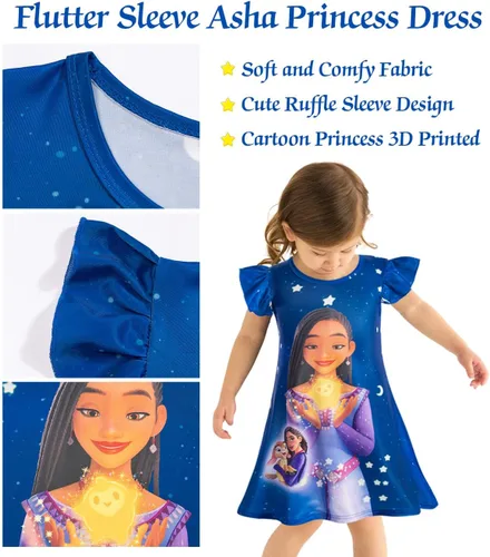 Vista 5 de KGDECYS Wish Star Asha Girls Short Ruffles Sleeve Toddler Costume Princess Dress up Cartoon Shirt Dress Kids Home Causal Wear