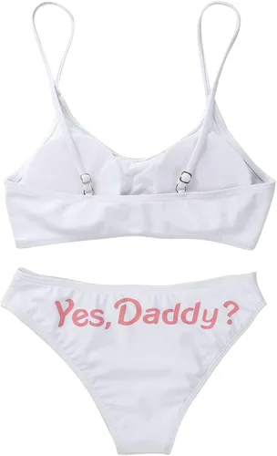 Vista 2 de Sywiyi Conjunto de lencería para mujer, 2 piezas Yes Daddy con brasier estampado con bragas, ropa interior de bikini