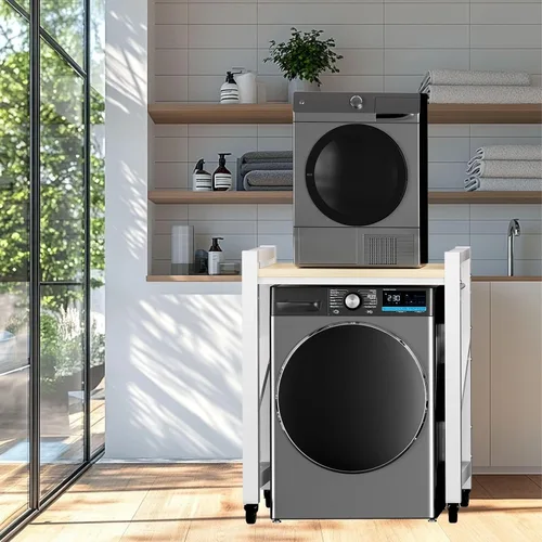 Vista 6 de Soporte apilable para lavadora y secadora con 4 ruedas, estantes metálicos para lavadora y secadora con espacio de almacenamiento, kit