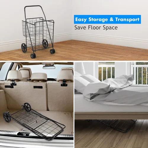 Vista 7 de Carrito de compras de comestibles, carrito plegable y resistente con ruedas giratorias de 360° y cesta adicional, carrito ligero para equipaje