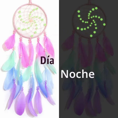 Vista 2 de Atrapasueños luminosos para niñas, decoración de pared nativa de plumas rosadas hechas a mano Decoración de pared