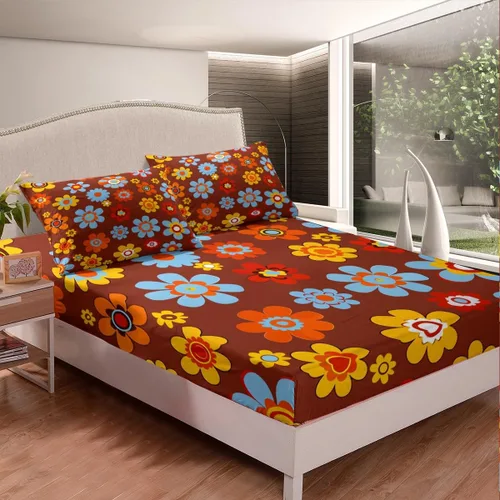 Vista 2 de Juego de sábanas para niñas, tamaño individual, diseño floral bohemio de los años 60 y 70 años, diseño hippie kawaii, decoración de habitación