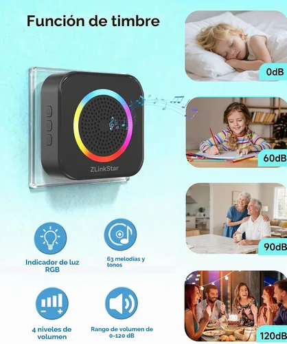 Vista 6 de Kit de timbre inalámbrico, timbre autoalimentado sin batería, rango de 600 pies, 63 campanas seleccionables, volumen ajustable con luz RGB, timbre