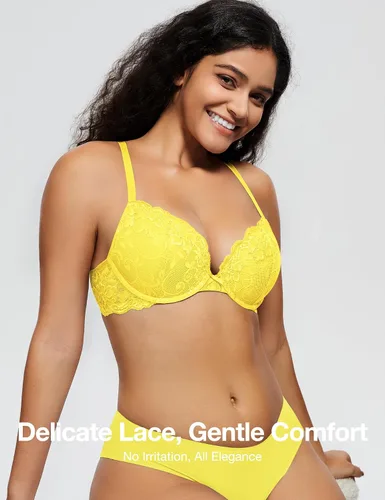 Vista 4 de Deyllo - Brasier de encaje para mujer con efecto de realce de busto, cómodo, con relleno, aros, levanta y añade una copa a tu busto Ámbar dorado
