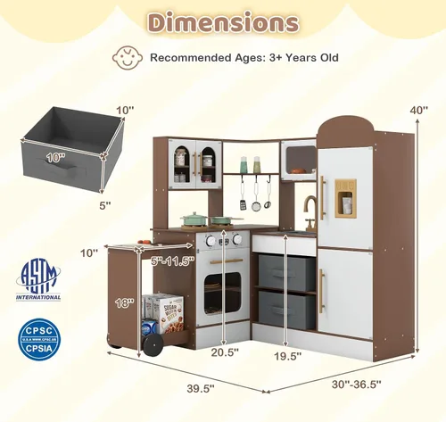 Vista 8 de Costzon Cocina de Juego de Esquina, Pequeño Chef Cocina de Juego de Simulación con Luz y Sonido Reales, Carrito Extraíble, Contenedores de Tela
