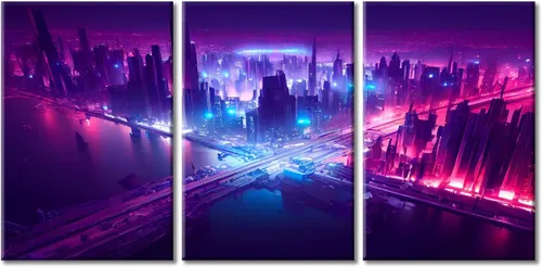 Vista 73 de Cuadros de 3 paneles de Cyberpunk City - Arte de pared de vallas publicitarias de edificios modernos en la capital con obras de arte modernas