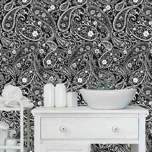Vista 2 de RoomMates RMK11582RL - Papel tapiz autoadhesivo con estampado de cachemira, color negro