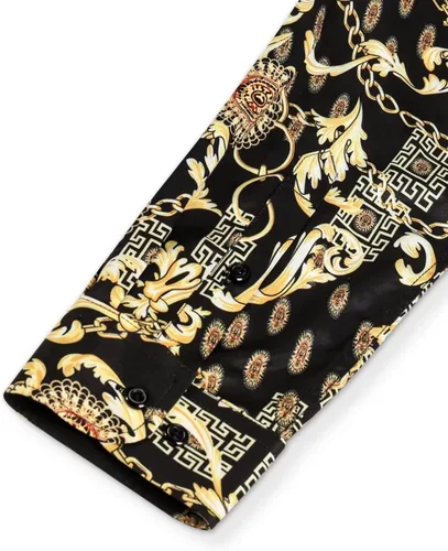 Vista 5 de Bolcguri Camisas de vestir de cadena Buchona de color negro y dorado para hombre, con estampado barroco de lujo, manga larga, con botones, camisa