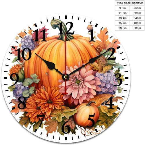 Vista 2 de Reloj de pared de madera Country Autumn Harvest Acuarela Calabaza Flores Redondo Reloj Decorativo de Calidad Cuarzo Sin Ticking Otoño Acción