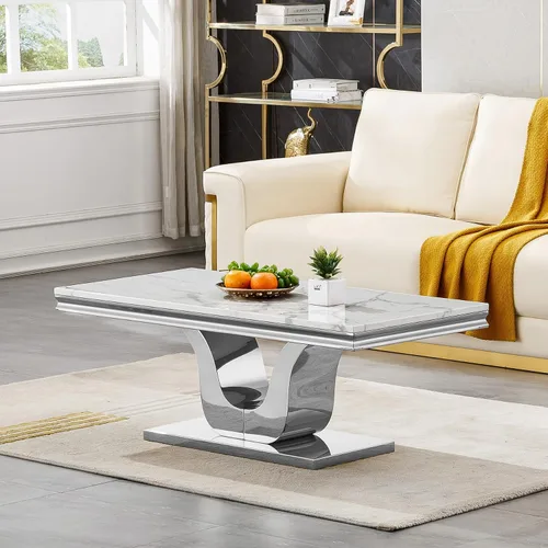 Vista 33 de SSLine Mesa de Centro Rectangular de Mármol Sintético para Sala de Estar, Mesa Central Moderna de Mármol Blanco de Lujo con Base Doble en Forma de U