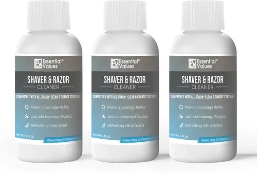 Vista 4 de Essential Values Solución de limpieza para afeitadora eléctrica, compatible con cartuchos de repuesto Braun Clean & Renew, 3 botellas para 9