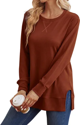 Vista 2 de Saloogoe Sudadera para mujer con abertura lateral, moda de otoño 2023, camisas de manga larga