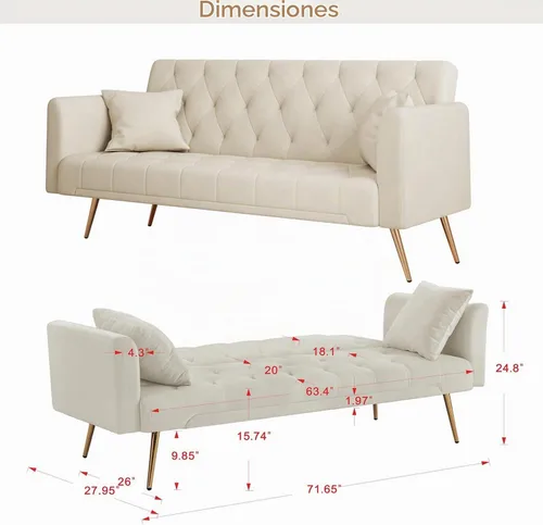 Vista 8 de Anwick - Sofá cama de terciopelo moderno de 72 pulgadas, sofás plegables convertibles con 3 respaldos ajustables, sofá biplaza reclinable copetudo