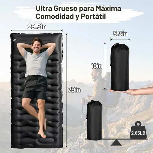 Vista 8 de KASBAH - Colchoneta de dormir inflable de 6 pulgadas de grosor con bomba de pie y almohada integradas, equipo de campamento ultraligero