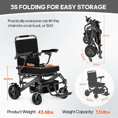 Vista 5 de Silla de ruedas eléctrica ligera de 43 libras para adultos, silla de ruedas motorizada plegable para personas mayores, portátil, todo terreno, 15