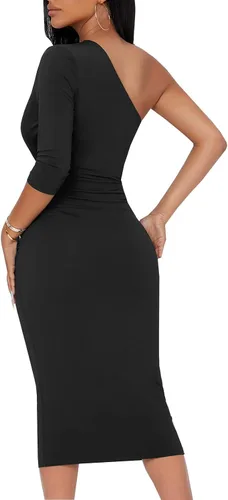 Vista 5 de HipGlamp Vestido midi sexy y elegante de un hombro para mujer, manga 34, vestido fruncido para fiesta de cóctel
