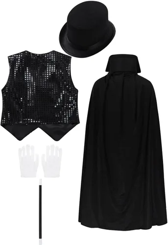 Vista 2 de TiaoBug Kids Boys Girls Magician Cosplay Costumes Cape Top Hat Magic Gloves Halloween Performance Fancy Dress up Outfits