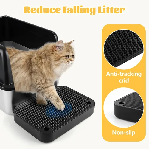 Vista 3 de Escalón para caja de arena, escalón para gatos, rampa, atrapador con función de filtro, fácil de limpiar, ideal para gatitos y gatos ancianos (negro)