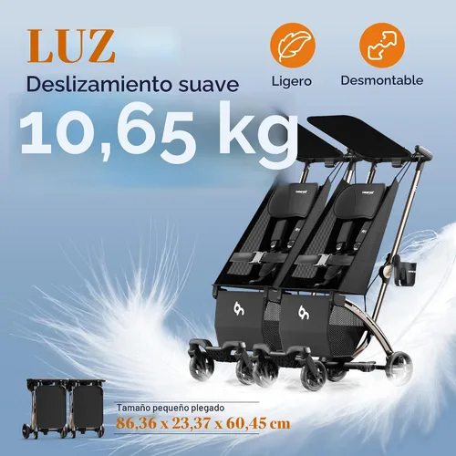 Vista 6 de Cochecito de viaje doble plegable automático R1 - Puede convertirse en dos cochecitos individuales