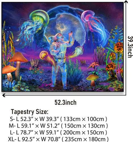 Vista 5 de Heopapin Tapiz de astronauta con luz negra, medusas, hongos, plantas fantásticas reactivas a los rayos UV, tapetes de pared de neón, galaxia, Medusa