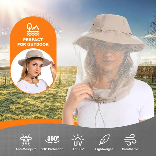 Vista 4 de Mosquito Head Net Hat - Bug Cap UPF 50+ Sun Protection with Hidden Netting for Beekeeping Hiking Women