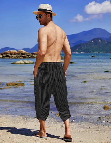 Vista 4 de COOFANDY Pantalones capri harén de lino para hombre, ligeros, sueltos, 34, con cordón elástico, cintura elástica, pantalones casuales para yoga