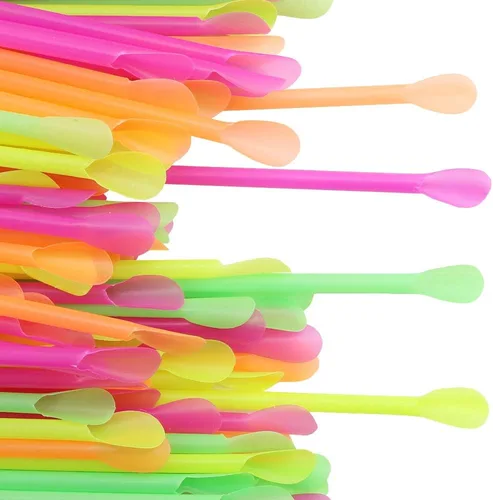 Vista 2 de DEEBF - Paquete de 500 pajitas de cuchara Sno-Cone, pajitas de plástico desechables de colores neón mixtos, 8 pulgadas
