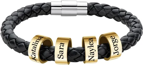 Vista 3 de Pulseras de cuero para hombre con 1-6 cuentas grabadas y nombre personalizado con nombre de identificación, pulsera trenzada para hombres, marido