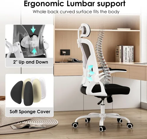 Vista 5 de Office Chair Ergonomic Desk Chair, 300LBS Capacity, High Back Computer Chair with Lumbar Support, Flip-up Armrests Swivel Task Chairs for Long Hours