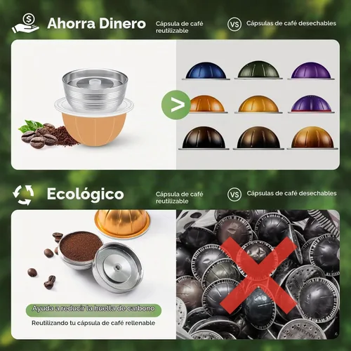 Vista 5 de Cápsulas Vertuo Reutilizables de Acero Inoxidable Compatibles con VERTUO NEXT+RECARGA+Alumin-VERTUO-Pods-80+150+230ml Cada 2 Piezas +Tamizador
