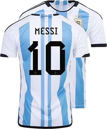 Vista 2 de Camiseta de fútbol Argentina 2022 de la Copa Mundial No. 10, camiseta de 3 estrellas con insignia de Argentina, regalo para fanáticos