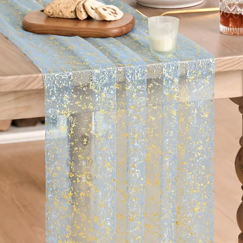 Vista 8 de Artoid Mode Camino de mesa de gasa color beige dorado de 120 pulgadas, 10 pies, lámina metálica con purpurina transparente para comedor, boda