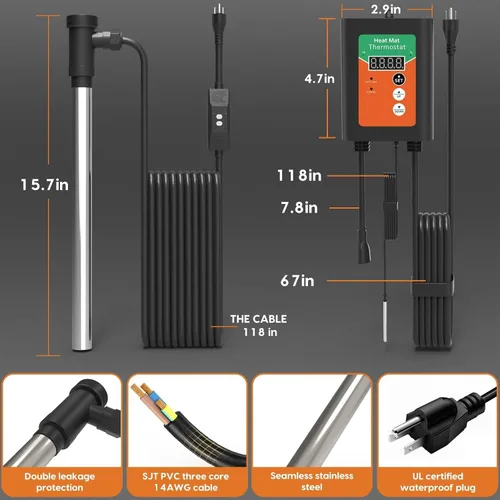 Vista 6 de Calentador de inmersión de 1800 W para bañera de hidromasaje, calentador de agua eléctrico portátil totalmente sumergible con termostato