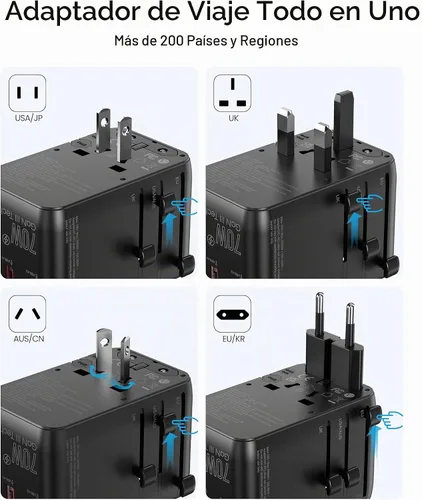 Vista 3 de Adaptador de viaje universal de 70 W, adaptador de corriente internacional Nekmit con cable de carga rápida USB C retráctil, enchufe de viaje de 6