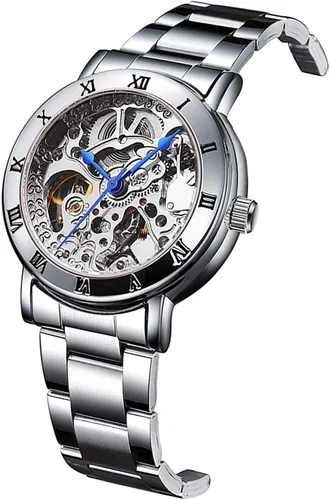 Vista 2 de MASTOP Relojes para mujer, reloj automático Steampunk de cuerda automática, pulsera de plata, reloj de pulsera de esqueleto para mujer