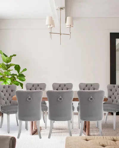 Vista 106 de Juego de 2 sillas de comedor de terciopelo con patas de madera, color beige Mid Century Modern Dining Chairs,Upholstered Chairs with Nailhead