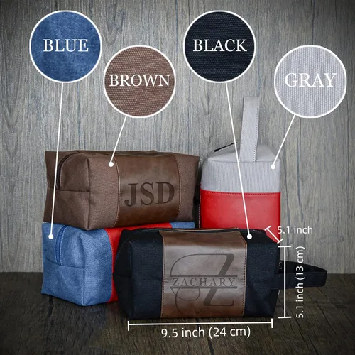 Vista 2 de Neceser personalizado para hombres, kit de afeitado de cuero de lona para padrinos de boda, nombre grabado/inicial, bolsa de viaje hecha a mano
