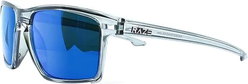 Vista 2 de 2 pares de lentes de sol Raze Journey para deportes y motocicleta, montura gris cristal, lentes de espejo azul ahumado, marco negro brillante, lente