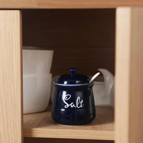 Vista 6 de Farmhouse - Sal de porcelana con tapa y cuchara, 12 onzas, fácil de limpiar (azul marino)