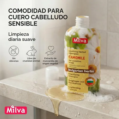 Vista 5 de Milva Champú con extracto natural de manzanilla - Da suavidad y brillo al cabello 6.8 fl oz por Milva