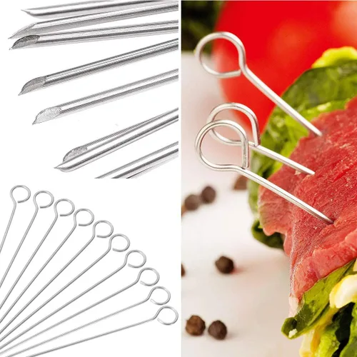 Vista 4 de Brocheta de acero inoxidable de 5.9 pulgadas para asar a la parrilla, palitos de cóctel, palillos de vidrio de Martini reutilizables, 50 piezas