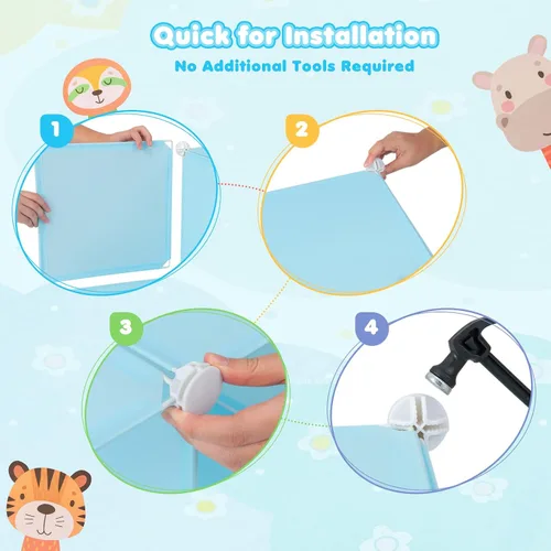 Vista 7 de Costzon Armario para Niños, Organizador de Almacenamiento Modular de Tocador de Dibujos Animados DIY con 12 Cubos y 2 Percheros para Colgar Ropa