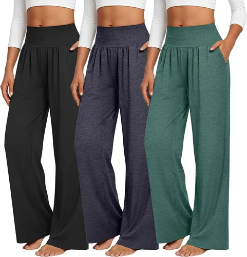 Vista 8 de Neer - Conjunto de 3 pantalones de yoga de pierna ancha para mujer - Pantalones deportivos cómodos, holgados, de cintura alta y casuales