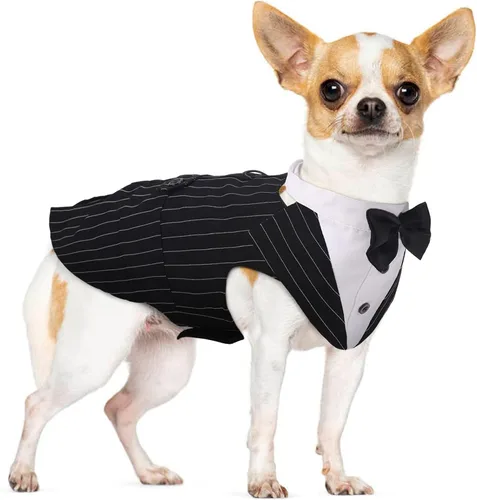 Vista 9 de PUMYPOREITY Traje de esmoquin para perro pequeño, esmoquin y bandana para gatos para Chihuahua, Boston Terrier, bichón, corgi, pomerania, 2 Negro
